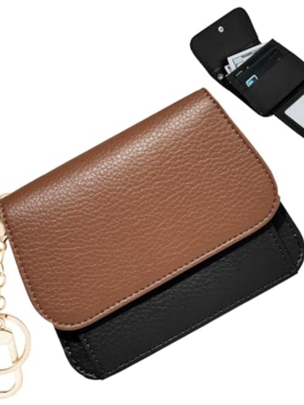 Small RFID Keychain Wallet Women Microfiber Leather Tri-Fold with Coin Pocket